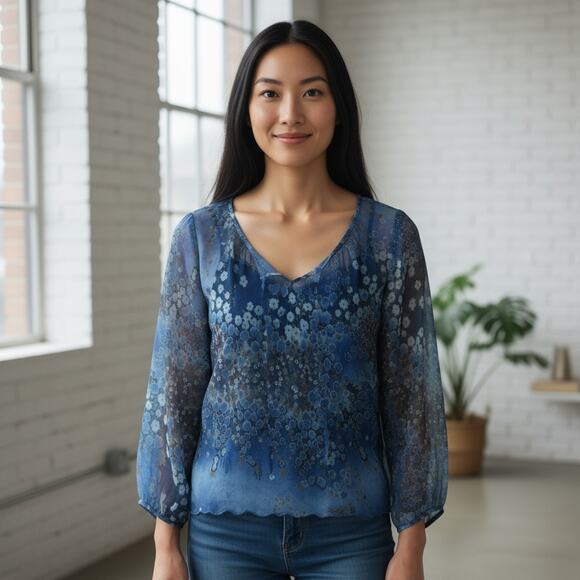 Vintage Y2K 2000s FANG Blue Flower Floral Tie Neck Sheer Blouse Top Medium Boho - Picture 1 of 6